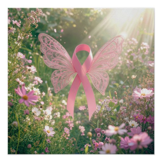 Poster Papillon Ruban Rose dans un Jardin (Devant)