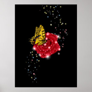 Poster Papillon sur rose rouge avec étoiles et gouttes de