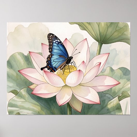 Poster Papillon Swallowtail Bleu avec Art de Fleur de Lot (Devant)