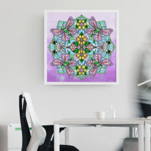 Poster Papillon Tiré À La Main Rose, Fleurs Mandala