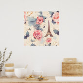 Poster Papillon Tour Eiffel et Motif Rose (Cuisine)