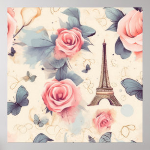 Poster Papillon Tour Eiffel et Motif Rose