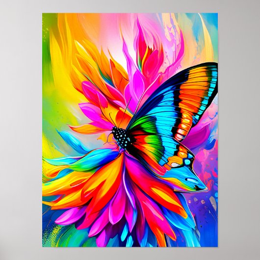 Poster Papillon tropical exotique et fleurs colorées (Devant)