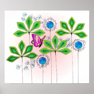 Poster Papillon vert feuilles