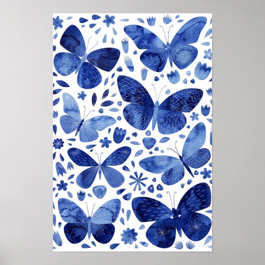 Poster Papillons Aquarelle Bleu Indigo (Devant)