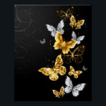 Poster Papillons blancs et dorés<br><div class="desc">Or, bijoux et papillons blancs sur arrière - plan noir. Papillon doré.</div>