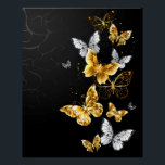 Poster Papillons blancs et dorés<br><div class="desc">Or, bijoux et papillons blancs sur arrière - plan noir. Papillon doré.</div>