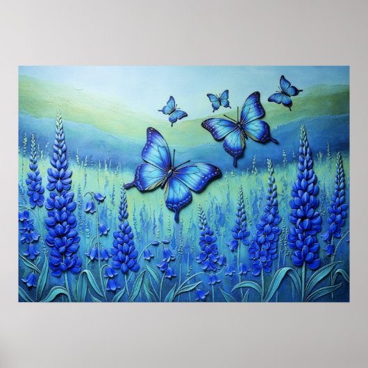 Poster Papillons bleus avec des fleurs bleues, (Devant)
