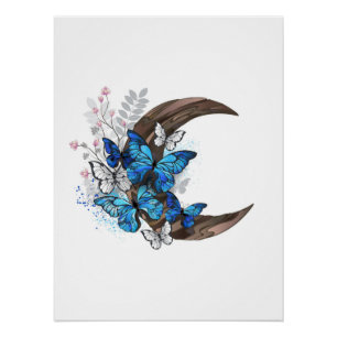 Poster Papillons bleus sur croissant en bois