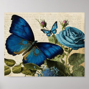Poster Papillons bleus vintages et découpage Rose