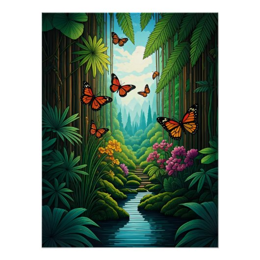 Poster Papillons dans une jungle luxuriante (Devant)
