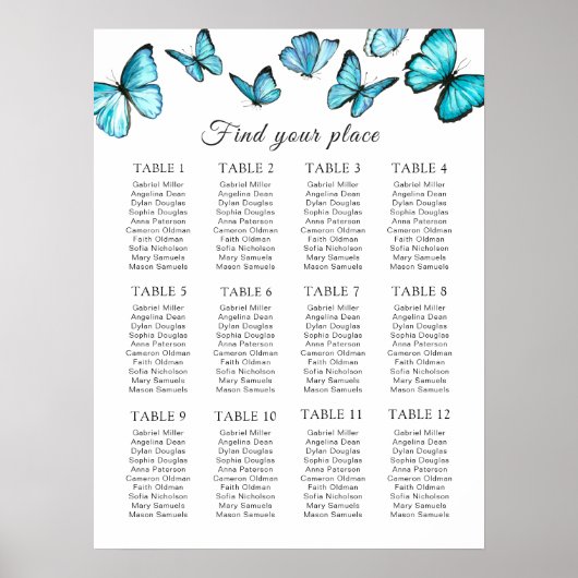 Poster Papillons d'aquarelle bleu Mariage Carte de siège (Devant)