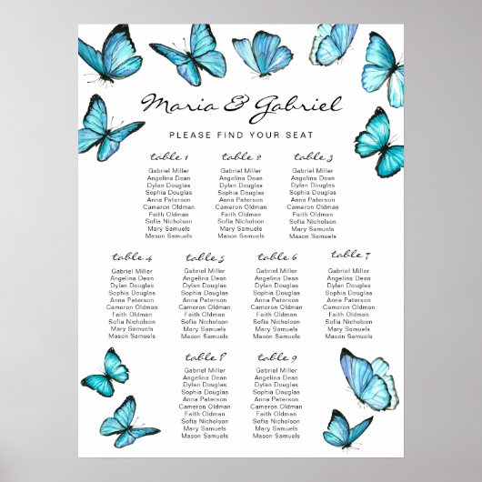 Poster Papillons d'aquarelle bleu Mariage Carte de siège (Devant)