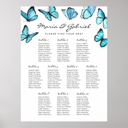 Poster Papillons d'aquarelle bleu Mariage Carte de siège (Devant)
