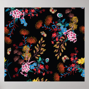Poster Papillons de jardin fleuris Style Liberty