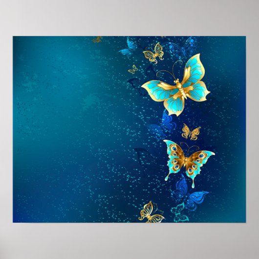 Poster Papillons d'or sur un Arrière - plan bleu (Devant)