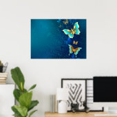 Poster Papillons dorés sur fond bleu (Bureau à domicile)