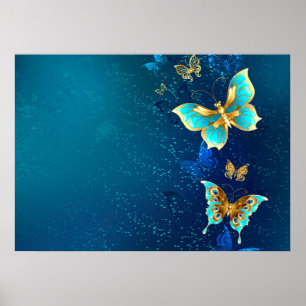 Poster Papillons dorés sur fond bleu