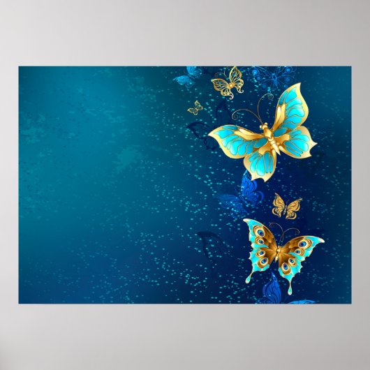 Poster Papillons dorés sur fond bleu (Devant)