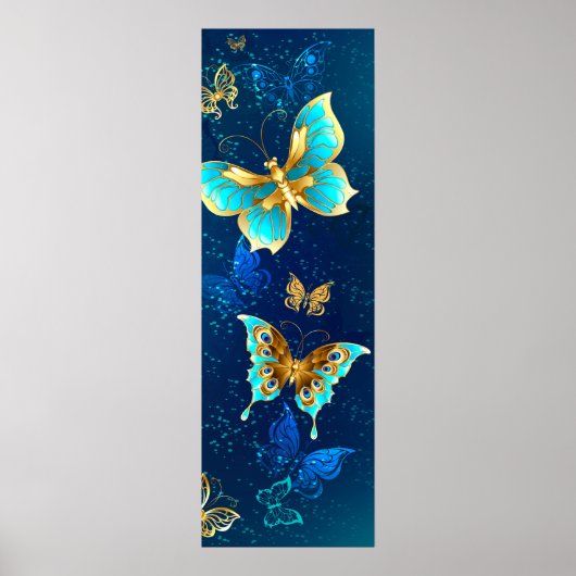 Poster Papillons dorés sur fond bleu (Devant)