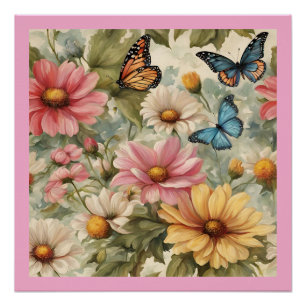 Poster Papillons et fleurs Art