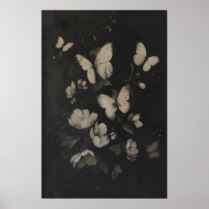 Poster Papillons et fleurs blancs fantaisistes foncés
