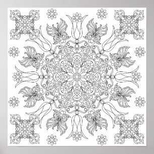 Poster Papillons et Fleurs Mandala Coloriage Adulte