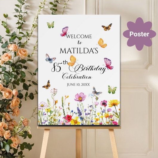 Poster Papillons et Fleurs sauvages 85e anniversaire Bien
