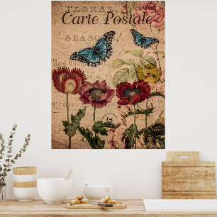 Poster Papillons et fleurs vintages Floral français