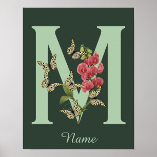 Poster Papillons Fleur Monogramme Initiale M Personnalisé