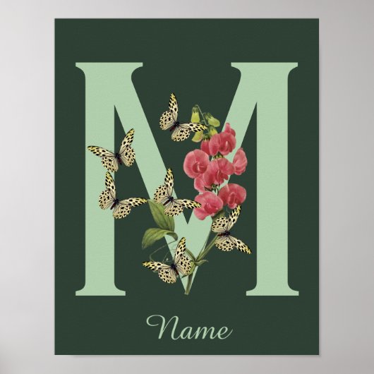 Poster Papillons Fleur Monogramme Initiale M Personnalisé (Devant)