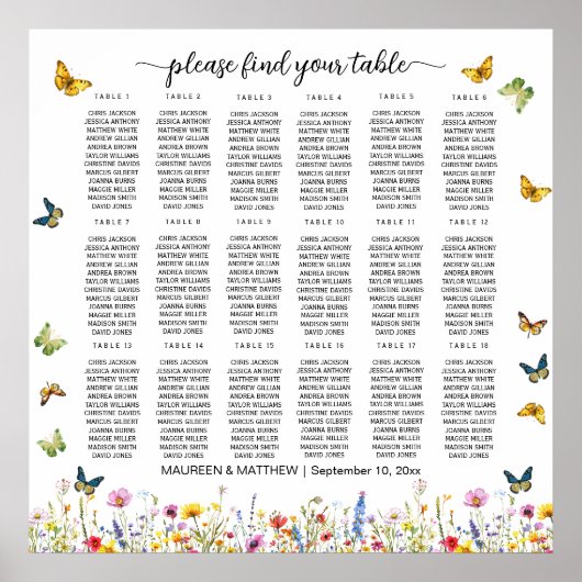 Poster Papillons fleur sauvage 18 Tables Siège Mariage (Devant)