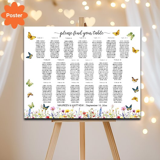 Poster Papillons fleur sauvage 19 Tables Siège Mariage