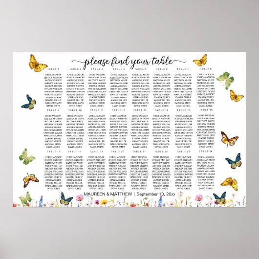 Poster Papillons fleur sauvage 24 Tables Siège Mariage (Devant)