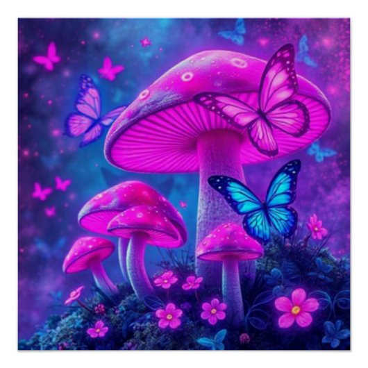 Poster Papillons, Fleurs et Champignons- (Devant)