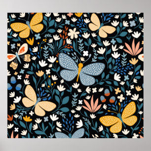 Poster Papillons Floral : Main Tirée Sans Couture.