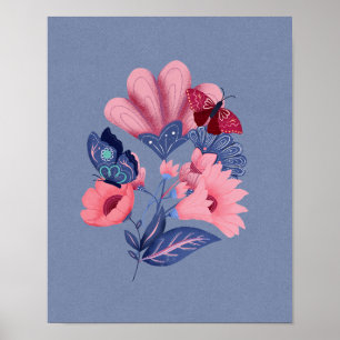 Poster Papillons floraux bleu rose Art folklorique
