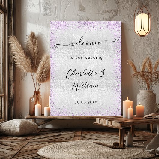 Poster papillons mariage violet argent bienvenue