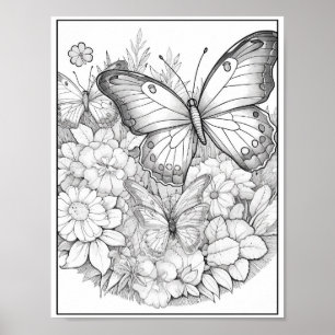 Poster Papillons mignons/Fleurs Coloration