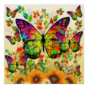 POSTER PAPILLONS MODERNES TOURNESOLS ARC-EN-CIEL COLORÉS 