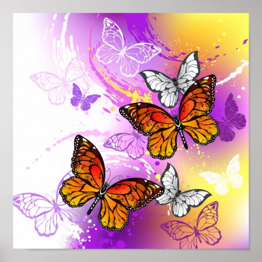 Poster Papillons Monarque sur Arrière - plan pourpre (Devant)