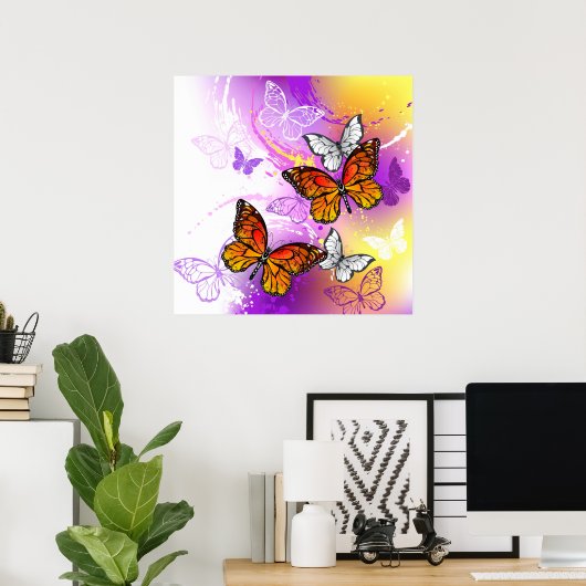 Poster Papillons Monarque sur Arrière - plan pourpre (Bureau à domicile)