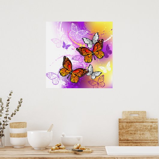 Poster Papillons Monarque sur Arrière - plan pourpre (Cuisine)
