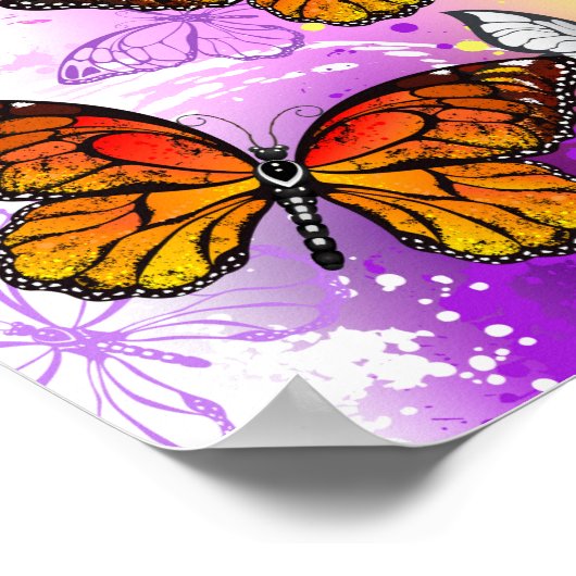 Poster Papillons monarques sur fond violet (Coin)