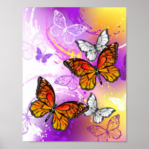 Poster Papillons monarques sur fond violet