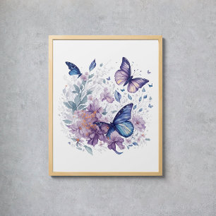 Poster Papillons mystiques Aquarelle Purple Blue Flower