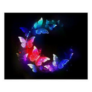 Poster Papillons néon brillants la nuit sur fond noir