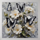 Poster Papillons Noir Et Blanc Sur Fleurs Blanches, (Devant)
