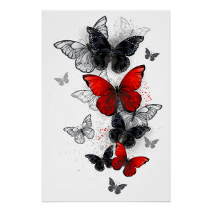 Poster Papillons noirs et rouges volants