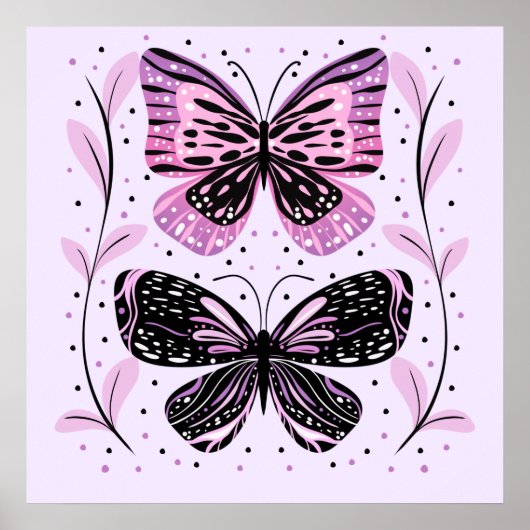Poster Papillons noirs, roses, violets (Devant)